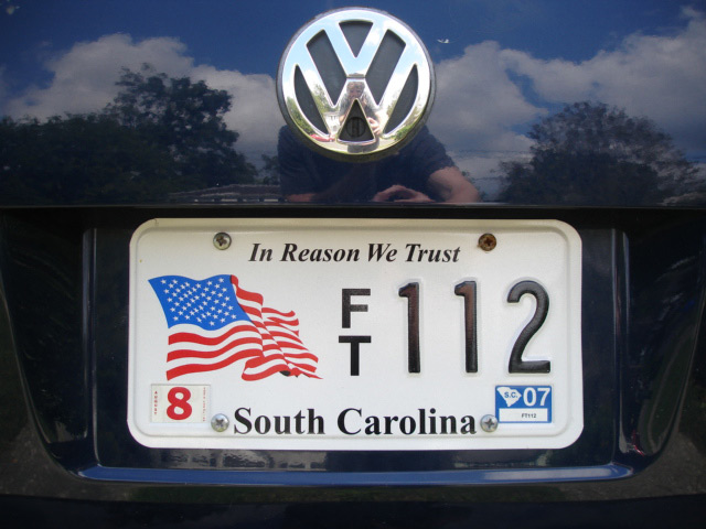 South Carolina license plate: In Reason We Trust.